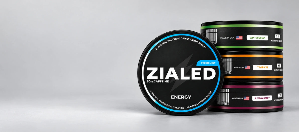 Four Zialed caffeine pouch cans in Fresh Mint, Wintergreen, Tropical and Retro Cherry.