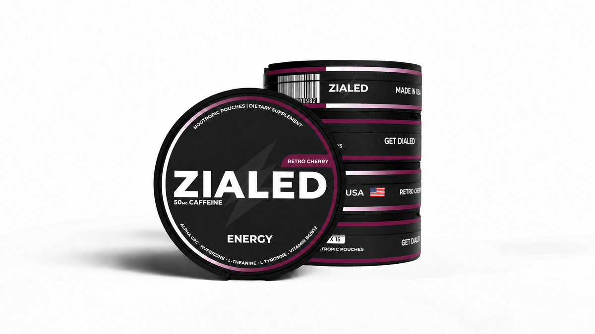 Zialed Retro Cherry nootropic pouch cans, 15 pouches per can