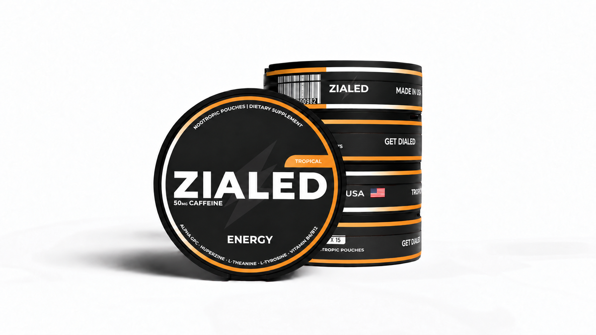 Zialed Tropical nootropic pouch cans, 15 pouches per can