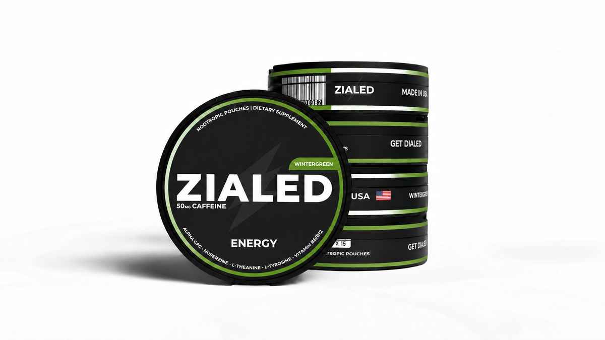 Zialed Wintergreen nootropic pouch cans, 15 pouches per can